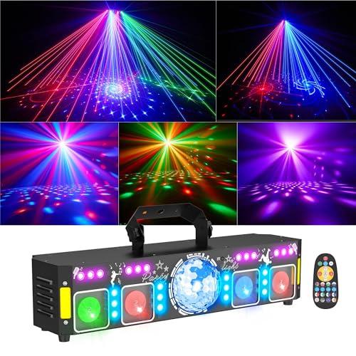 7-in-1 DJ Lights for Parties-Pro DMX512 Laser Light Show with Disco Ball, RGB and Gold Strobe, UV Black Lights - Sound Activated LED Lighting for Home, Karaoke, Birthday and Small DJ Events - AUSMAWEE