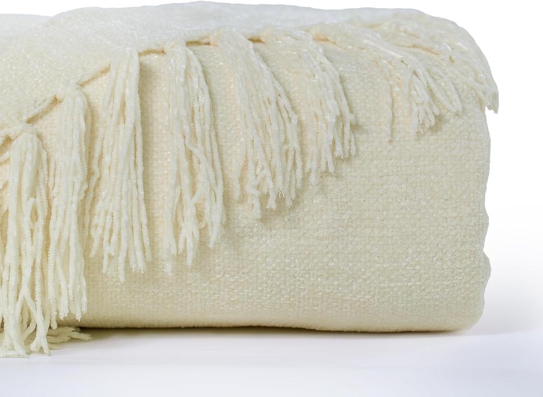 KASENTEX Chenille Throw Blanket for Couch,Lightweight 50x60in Soft Throw Blanket with Fringe Tassel for Sofa Chair Bed,Knitted Decorative Boho Blankets for Gift,Cozy Warm All Season, Ivory Cream White