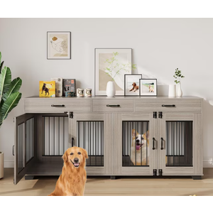 Qeetex 71 inch Large Dog Crate for 2 Dogs Double Dog Cage Furniture with 3 Drawers for Ample Storage Space Furniture Style Indoor Dog Crate and TV Stand for Large Medium Dogs Grey