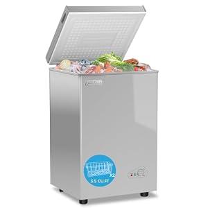 OSTBA 3.5 Cu.Ft Chest Freezer, Compact Deep Freezer with 2 Removable Baskets, Bottom Wheels, 6-Level Temperature Control with Fast Freeze Mode, Energy Saving Quiet Freezer, Silver