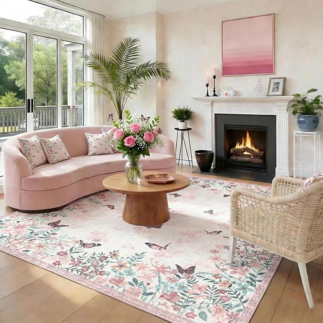 Area Rugs 8x10 Rugs for Living Room, Machine Washable Pink Pastel Rugs for Bedroom Large Area Rug Living Room Rug Non Slip Rug Carpet for Dining Nursery