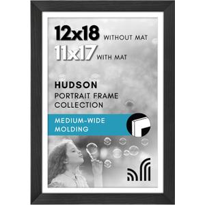 Americanflat 12x18 Poster Frame with Shatter-Resistant Glass - Use as 11x17 Frame with Mat or Display 12x18 Photo Without Mat - Hudson Collection - Wide Picture Frames for Wall Display - Black
