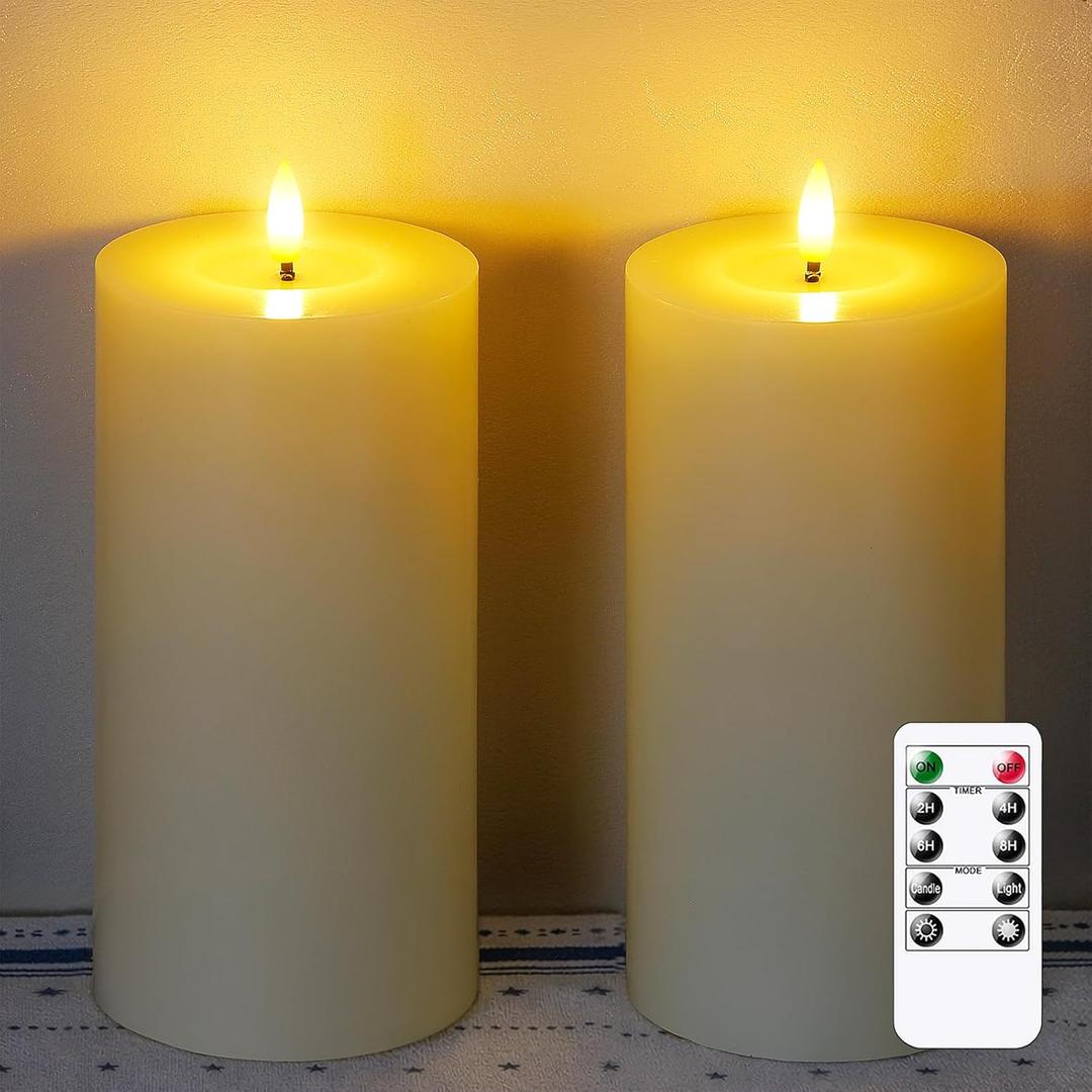 Flameless Real Wax 4" x8" Ivory Timer Remote Pillar Candle Grease Design, Battery Operated Long Lasting 3D Wick LED Flickering Pack of 2 Fake Candles Warm Light