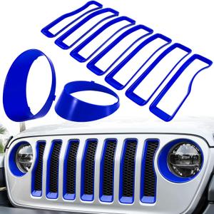 Front Grille Mesh Inserts & Headlight Cover for Jeep Wrangler JL JLU Sport & Sport S Only 2018-2023 Exterior Accessories Clip-in Grille Guard Cover Headlight Bezels Trim Ring (Blue 9PCS)