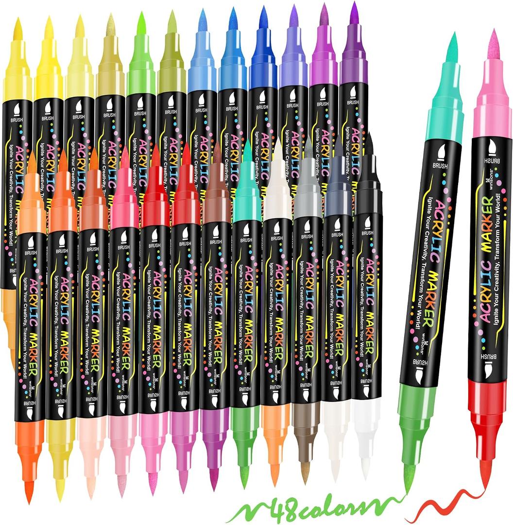 4 x WINSONS 48 Colors Dual Tip Acrylic Paint Pens Markers, 24 Set Permanent Acrylic Paint Pens, Waterproof, Quick-Dry, Ideal for Rock Painting, Canvas, Glass, Wood, Ceramic, DIY Crafts & Art Supplies