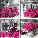 Pink Wall Decor Bedroom Wall Art Rose Flower Pictures Artwork 12x12 Retro Gray Love Floral Couples Canvas Prints Painting Modern Office Spa Bathroom Living Room Home Decoration Accessories 4Pcs/Sets (12x12in, DARK PINK ROSE)