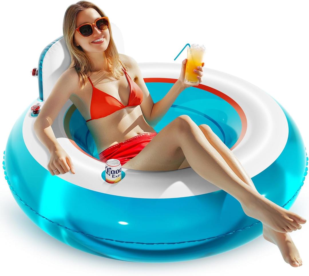 QPAU Inflatable Lounger Float with Backrest & Cup Holder, Heavy Duty Pool Floaties for Adults, 44" Thickened Pool Float Chair for Swimming, Lake, Beach Party (A-Transparent Blue)