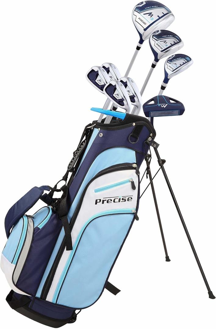 Precise M3 Ladies Womens Complete Golf Clubs Set Includes Driver, Fairway, Hybrid, 7-PW Irons, Putter, Stand Bag, 3 H/ C's Blue - Regular or Petite Size! (Petite Size -1", Right Handed)