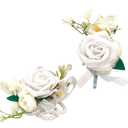 Syueblm Wrist Corsage and Boutonniere Set, Artificial Rose Corsage Wristlet and Boutonniere for Wedding Prom Party (White 1 Boutonniere&1 Wrist Corsage)