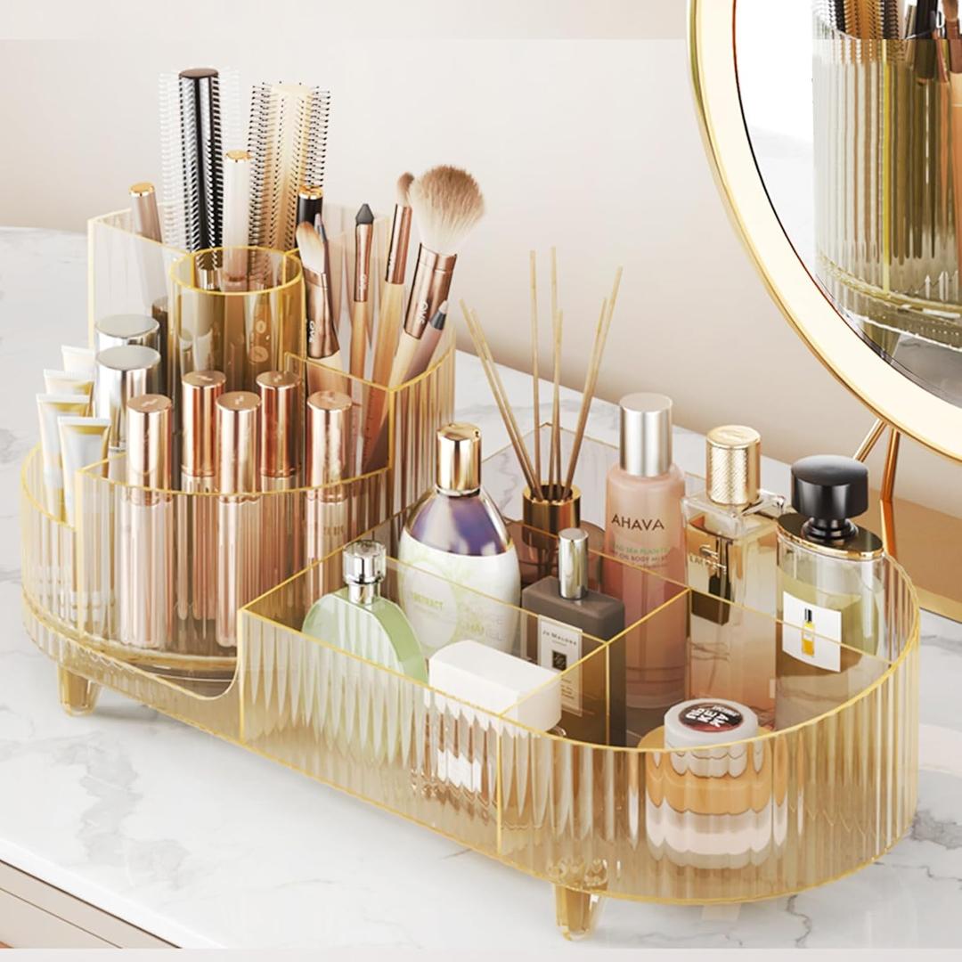 Rotating Makeup Organizer for Vanity with Brush Holder, Cosmetic Makeup Storage Organizer, Large Spinning Makeup Skincare Organizer, Countertop Makeup Perfume, Lotions Display Case (Transparent Gold)