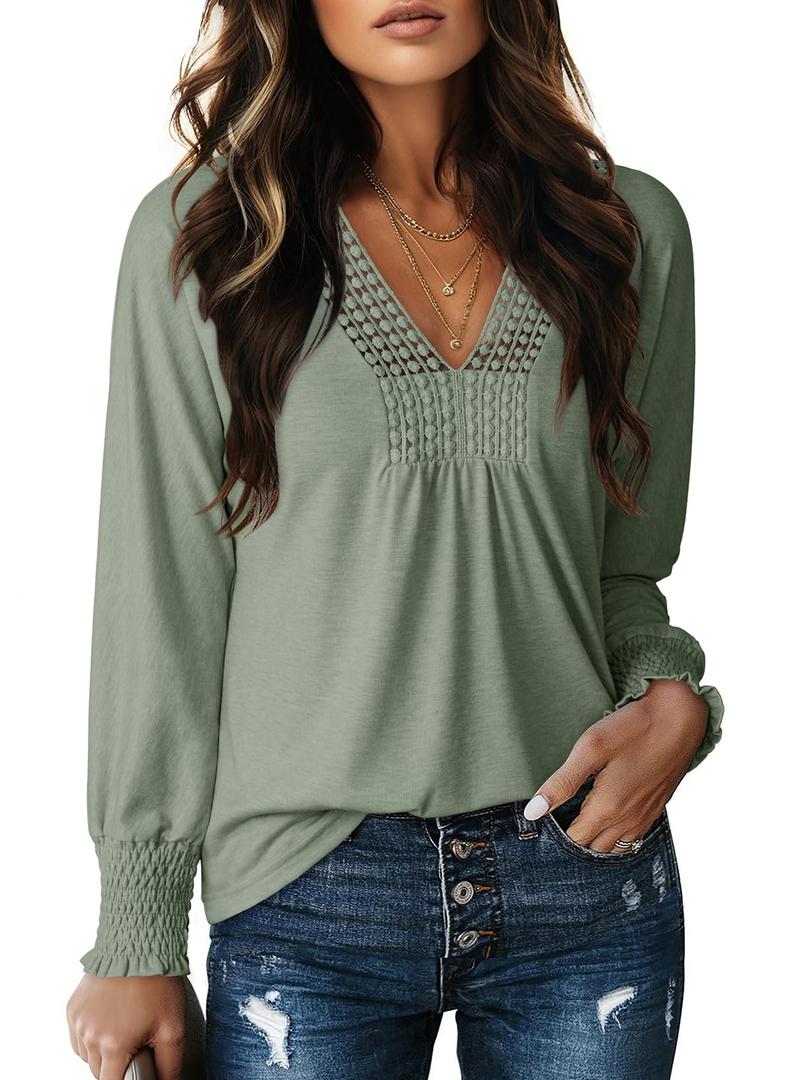 Dokotoo Womens Tops Ladies Fall Long Sleeve Shirts for Women V Neck Solid Loose Fit Casual T Shirts 2026 Fashion Tee Tunic Tops and Blouses Business Outfits Clothes Green L (Green, L)