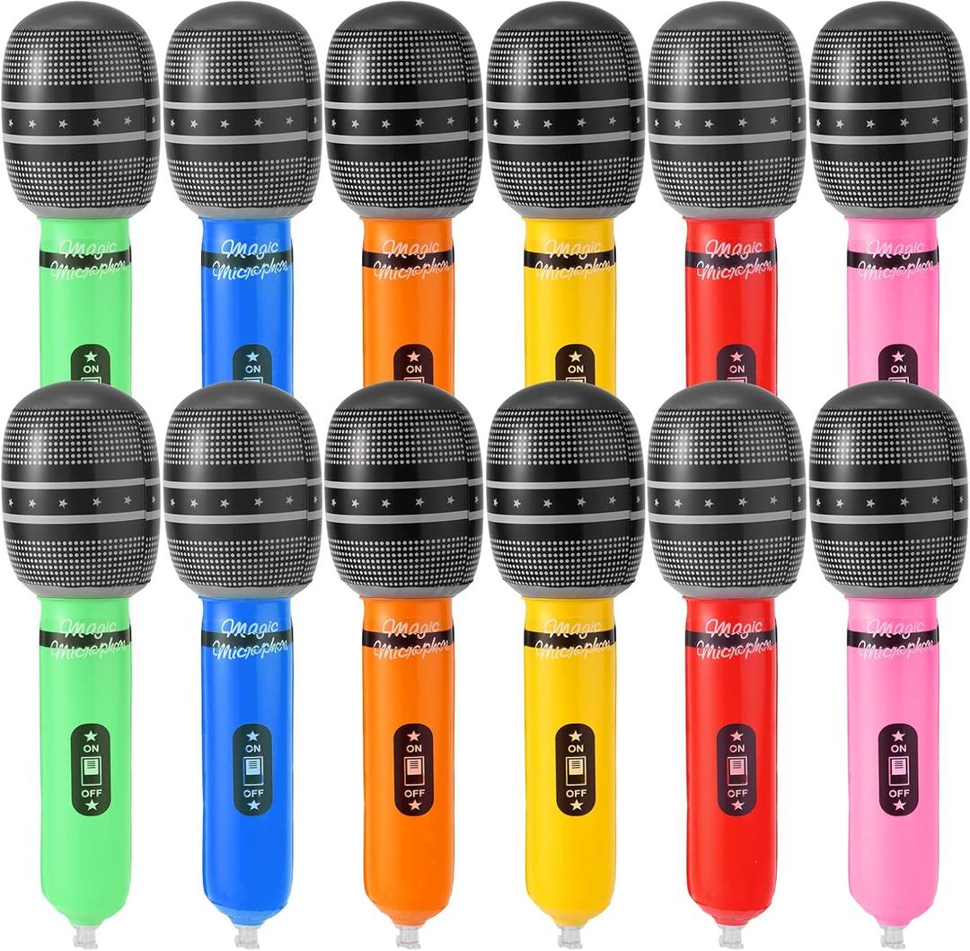12pcs Inflatable Microphone Party Favors, 8.66x1.97in 6 Color Aluminum Film Blow Up Fake Microphone Props Bulk for Kids Karaoke Concert Themed DJ-Props Toy Photo Booth Decoration Musical Supplies