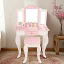 Kids Wooden Play Vanity Set with Vanity Table and 6 pcs Makeup Accessories, Tri-Fold Mirror, Storage Drawer and Matching Stool, Beauty Makeup Vanity Table and Chair Set for Toddlers (Pink)