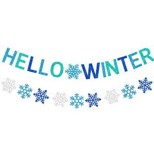 Glittery Hello Winter Banner White Blue Snowflake Banner Winter Wonderland Baby Shower Decorations Christmas Winter Holiday Party Decorations