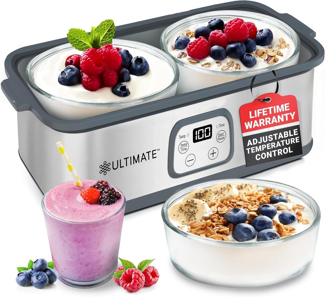 Ultimate Probiotic Yogurt Maker with Adjustable Time & Temp Control - Make Trillions of Live Probiotics with Two 1-Quart Containers for Larger Batches - Greek Yogurt Maker