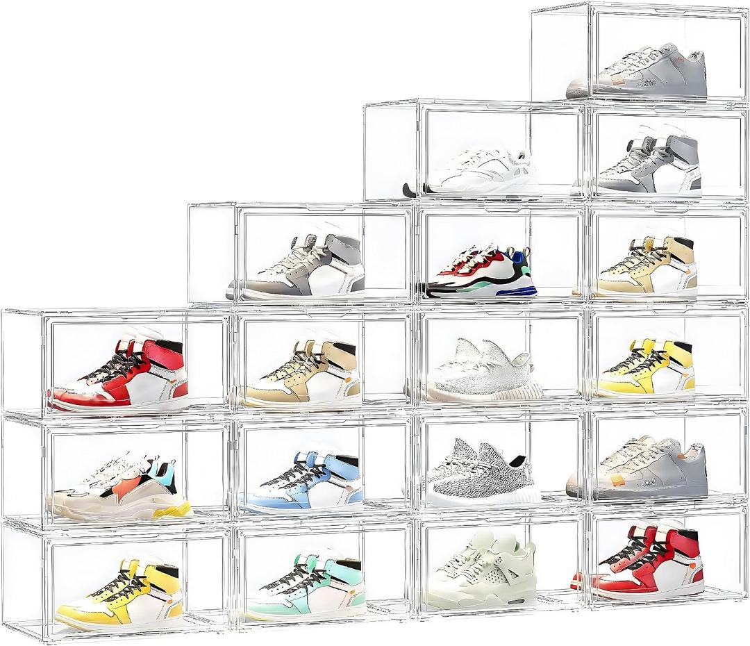 MMBABY 12 Pack Acrylic Clear Shoe Boxes– Ultra Clear Plastic Stackable Sneaker Storage For Sneakerhead. Professional Grade Shoe Display Case with Magnetic Door.Fits US Size 15