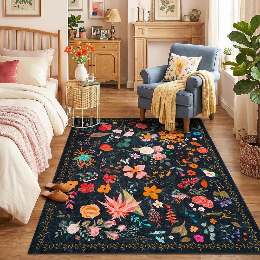 Area Rug for Living Room, 4x6Ft Washable Rug, Floral Low Pile Non-Slip Carpet for Bedroom Office Playroom Entryway Kitchen Dining Room, Black