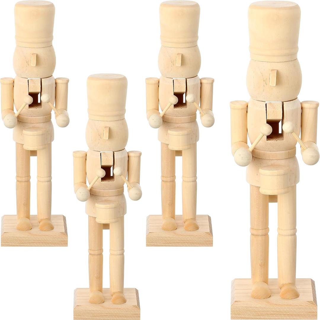 Poen 4 Pcs Large Unfinished Nutcrackers Christmas Wooden Nutcrackers Figures Set Holiday Unpainted Nutcracker Puppet DIY Walnut Soldier Ornament Decoration for Home(10 Inch,Drum)