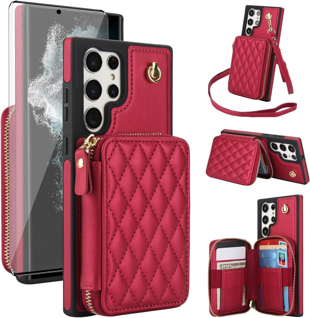 Phone Case for Samsung Galaxy S21 Ultra 5G Wallet Cell Cover with Tempered Glass Screen Protector Wrist Crossbody Strap Lanyard RFID Blocking Card Holder S21ultra 21S S 21 21ultra G5 Women Girls Red