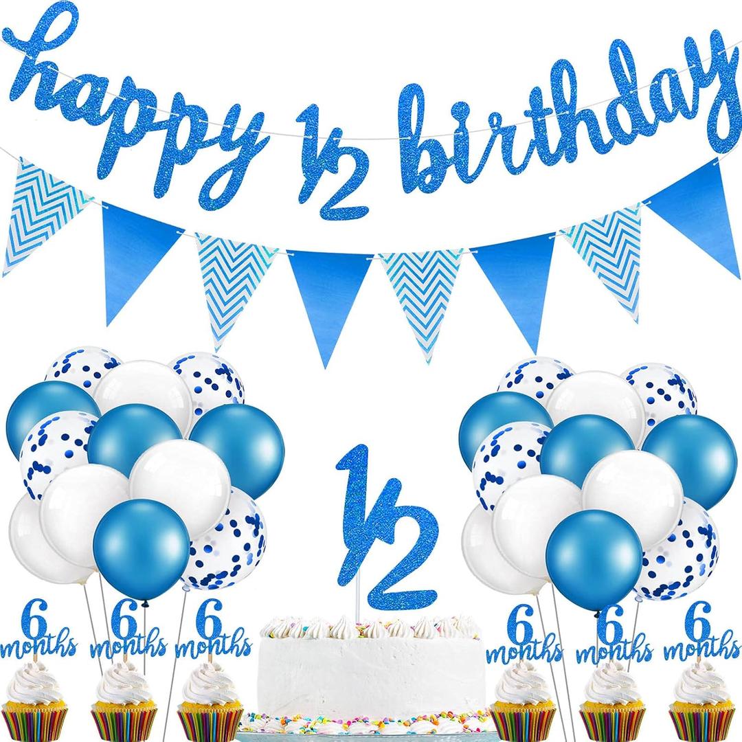 Skylety 1/2 Half Birthday Decorations 6 Months Outfit Baby Banner Cupcake Topper Triangle Flag Banner Confetti Balloons Cake Topper for Girl Boy Half Year Birthday Party Photoshoot Props(Dark Blue)