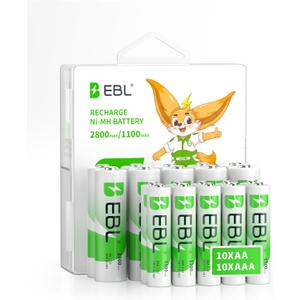 EBL Rechargeable Batteries Combo, AA 2800mAh (10 Pack) and AAA 1100mAh (10 Pack) High Capacity Precharged Ni-MH Rechargeable Batteries with Battery Organizer Storage Box