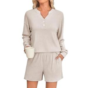 Braroz Womens Ribbed Knit 2 Piece Lounge Sets Outfits Long Sleeve Top and Shorts Pajama Sets Loungewear with Pockets Apricot M
