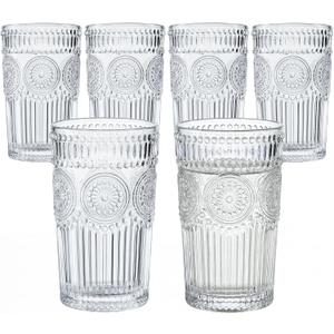 Kingrol Embossed Vintage Drinking Glasses Set of 6, 12 oz Textured Glass Tumblers, Clear Retro Water Glasses for Iced Coffee, Juice, Cocktails & Everyday Use