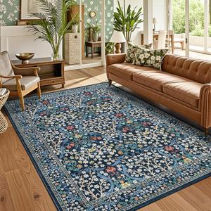 GarveeHome 8x10 Area Rugs, Washable Rugs for Living Room Non Slip Stain Resistant Ultra Soft Floral Rug, Boho Carpet Floor Mat for Bedroom Dining Room Nursery Playroom Office, Dark Blue
