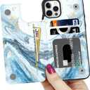 LETO for iPhone 13 Pro Max Case,Flip Folio Leather Wallet Cover with Fashion Designs for Girls Women,Card Slots Kickstand Protective Phone Shell 6.7" Opal Blue Marble