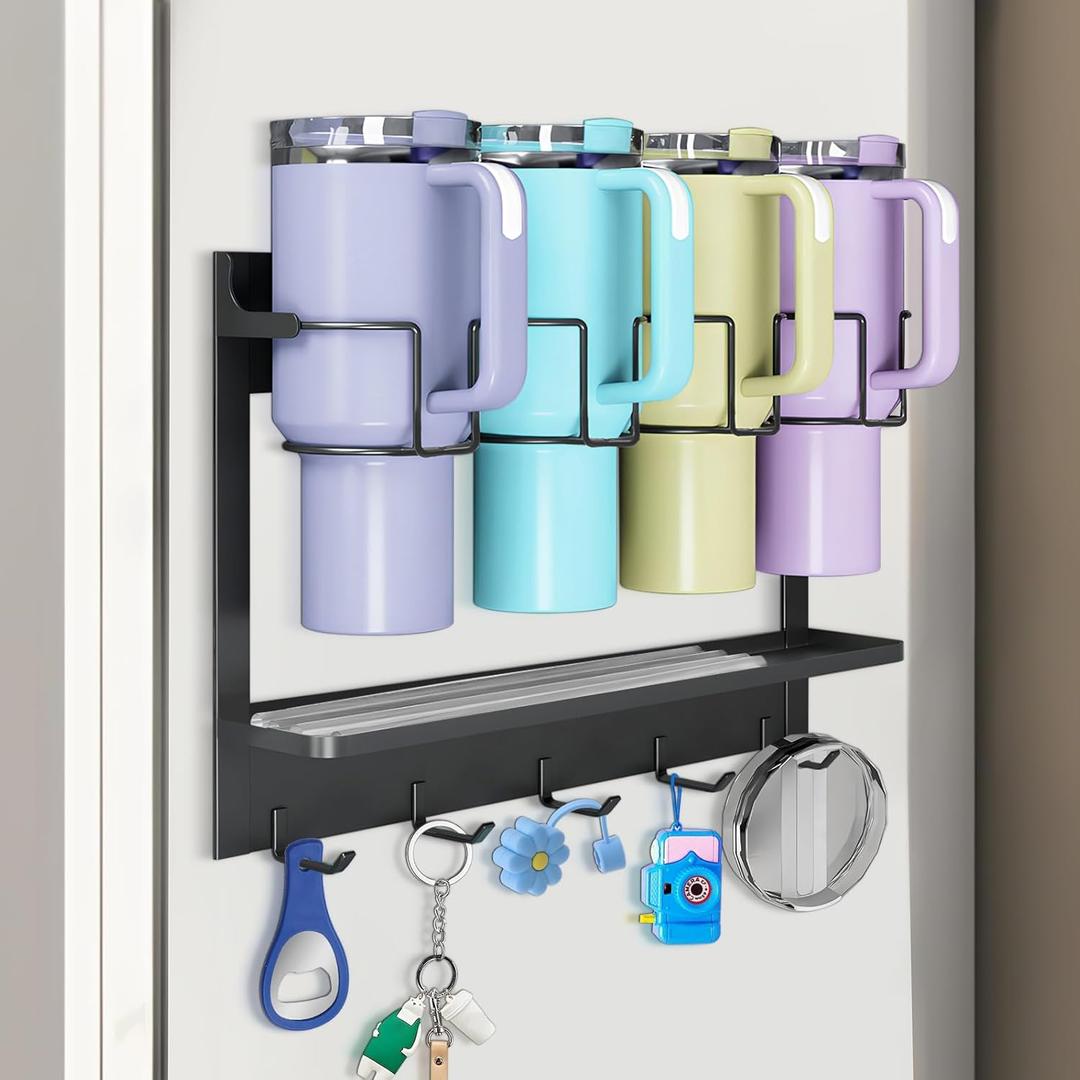 Magnetic Cup Holder for Stanley & Most Tumblers, Water Bottle Organizer for Fridge, Space Saving Stanley Cup Holder with 5 Hooks, No Drill Water Bottle Storage Rack for Kitchen Organization, Black