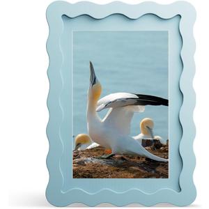 5x7 Picture Frame with Mat for 4x6, Wavy Edge Wooden Real Glass Photo Frame for Tabletop and Wall Hanging, Blue, 1 Pack