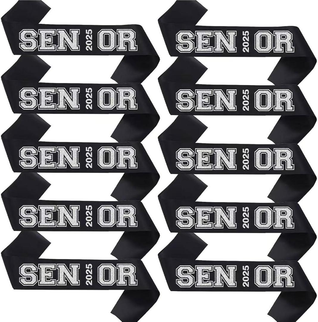 Senior Sash 2025, Black Sashes 10 Pack with Silver Glitter Letters, Class of 2025 Graduation Celebrations Sashes, Finally Graduated Cheerleader Celebration Party Decorations Supplies