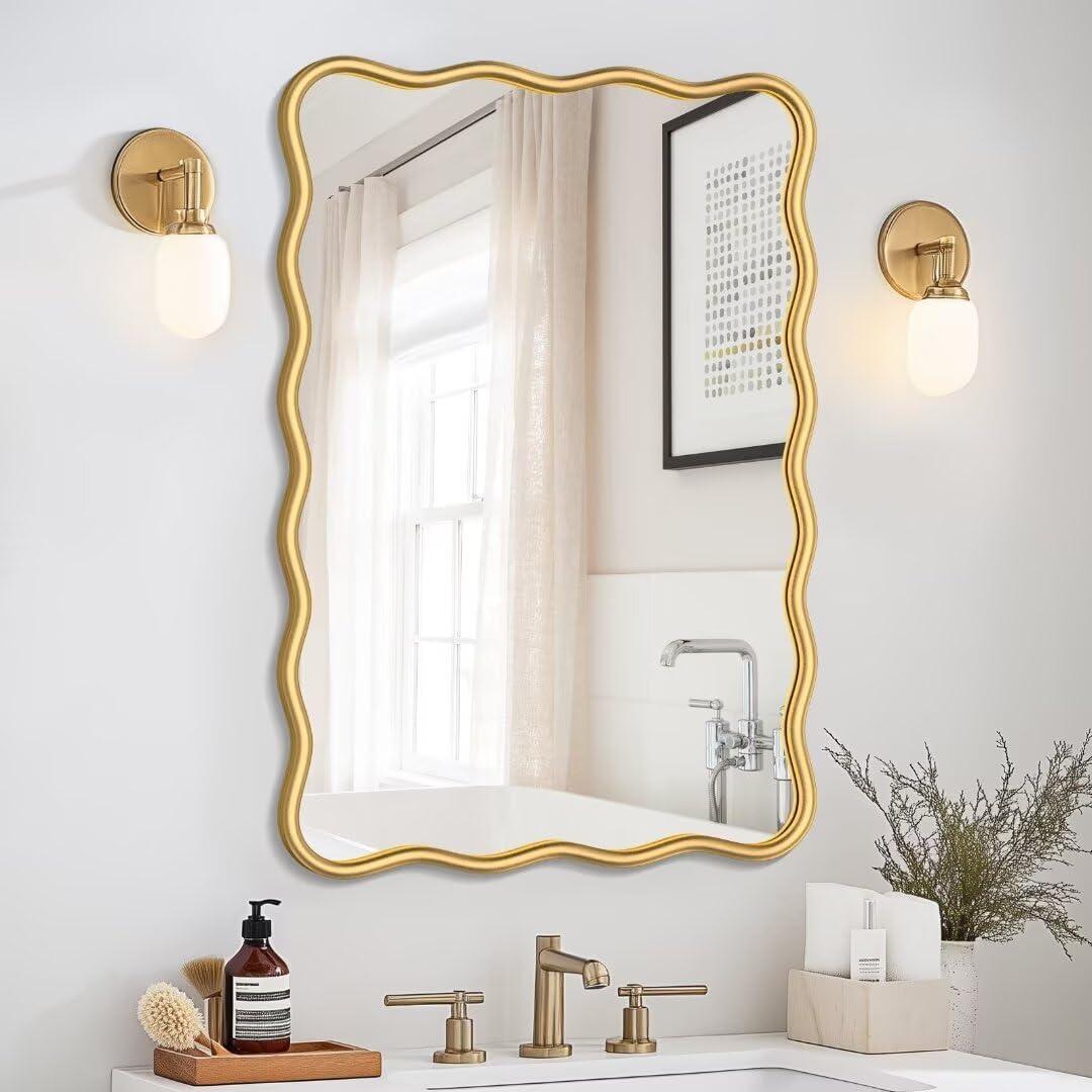 PROHOMEWARE 20 * 28" Gold Wavy Rectangular Vanity Bathroom Mirror for Wall Mounted Bedroom Entryway Living Room Farmhouse (28"L x 20"W)
