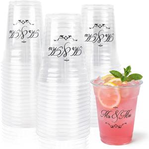 Edussy 50 Pack Disposable Wedding Plastic Cups Decor- 12 oz Mr and Mrs Cups for Wedding Stuff Decorations for Reception Bridal Shower Anniversary Party
