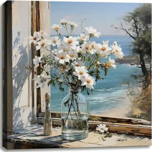 Weiyiart Floral Bathroom Wall Art Blue Ocean Flower Pictures Modern Decor Artwork Canvas Print Coastal Seascape Painting Seaside Artwork Bathroom Living Room Bedroom Decor 20" x 20"