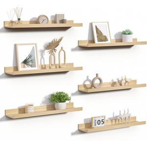 upsimples Floating Shelves for Wall, 23.6 Inch Shelves for Decor Storage Set of 6, Wall Mounted Wood Shelf for Bedroom, Living Room, Bathroom, Kitchen, Long Picture Ledge Shelves, Natural