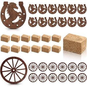 Junkin 36 Pieces Western Party Decorations Supplies 12 Mini Horseshoes 12 Wagon Wheels Crafts 12 Mini Hay Bales for Vintage Country Derby Good Luck Horseshoe Western Theme Party Favors