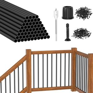 CKE 60 Pack 32" Round Aluminum Deck Balusters, 3/4" Diameter Hollow Round Black Aluminum Balusters for Deck Railing, Metal Deck Baluster Staircase Spindles with Screws/Connector for Railing Fencing R32