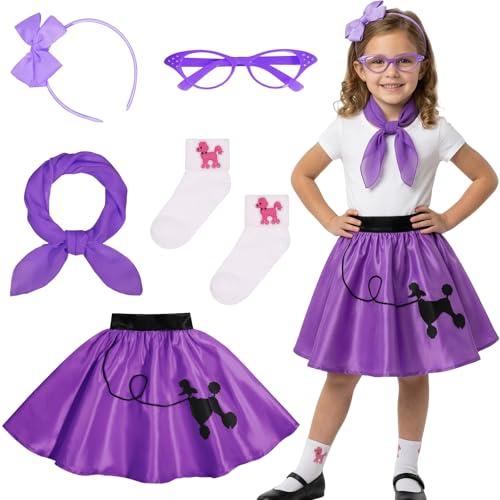 Rayekrot 50s Costumes for Girls 1950s Pink Poodle Skirt Set with Eye Glasses Scarf Headband Socks (Purple, 8-10 Years)