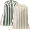 SATINIOR 2 Pcs Stripe College Laundry Bag Green Beige Canvas Travel Laundry Bags with Drawstring Shoulder Straps 29" x 18" Washable Dirty Clothes Hamper Organizer for Dorm Laundromat Apartment Camping