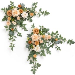 Ling's moment 2PCS Apricot Peach Artificial Flower Garland Wedding Arch Flowers Floral Swags Centerpieces Decoration Rose Greenery for Sweetheart/Head Table Easel Wall Entryway Board Backdrop