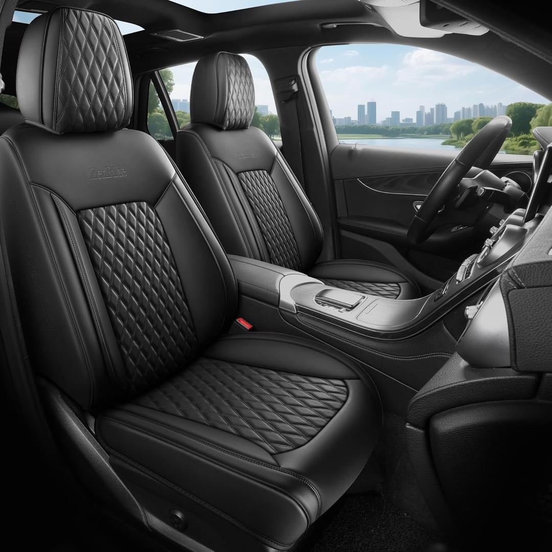 Front Car Seat Covers 2PCS, Luxury Heavy-Duty Nappa Leather 3D Design Universal Fit Waterproof Automotive Seat Covers& Accessories for SUV Trucks, Style1 Black (Black Full Coverage)