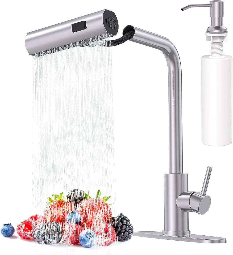 AVSIILE Brushed Nickel Kitchen Faucets with Pull Down Sprayer & Soap Dispenser, Single Hole & Handle, Pull Out Tap, Waterfall Stainless Steel Sink Faucet for Farmhouse Camper Laundry Rv Bar