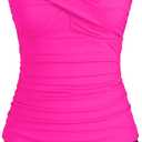 ZAFUL Tankini Swimsuits for Women Tummy Control Full Coverage High Waisted Twist Front Ruched 2 Piece Bathing Suit 0-Hot Pink XXL