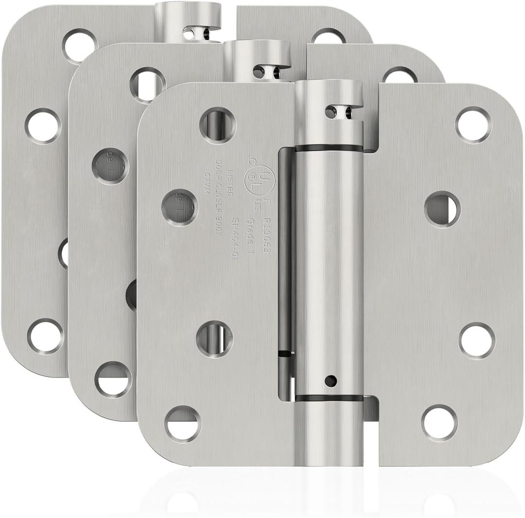 JOYNY 3 Pack Self Closing Door Hinges, 4 Inch Spring Loaded Door Hinges for Garage, Front, Back Door, Left/ Right Hand, Adjustable Tension, 5/ 8'' Radius Corners, UL Listed, Brushed Nickel