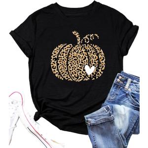 Hello Fall Shirts for Women Leopard Pumpkin Graphic T-Shirts Funny Thanksgiving Gifts Tee Tops (XX-Large, Black)