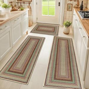 HEBE Washable Kitchen Rugs Sets of 3, Non Slip Absorbent Kitchen Rugs and Mats, Farmhouse Stain Resistant Faux Jute Kitchen Mat Carpet Runner for Kitchen Floor, Laundry Room, Hallway, Red