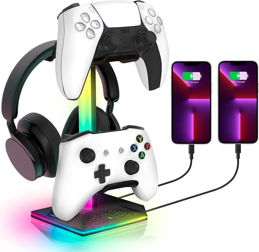 RGB Headset Stand, Gaming Controller Stand with 2 USB and 1 Type-C Ports,10 Light Modes Headset Holder PC Gaming Accessories, Suitable for All Earphone Accessories, Gift for Boys Men Gamers