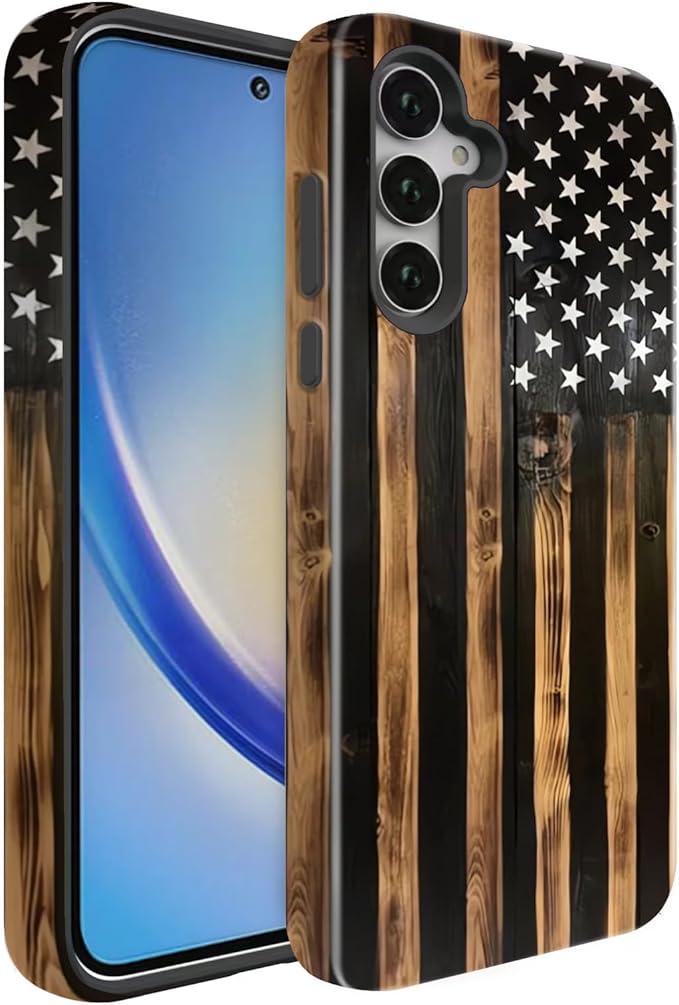 Compatible for Samsung Galaxy A15 5G Case, Dual Layer Heavy Duty 2 in 1 Shockproof Protective Phone Case,Burnt Wood American Flag