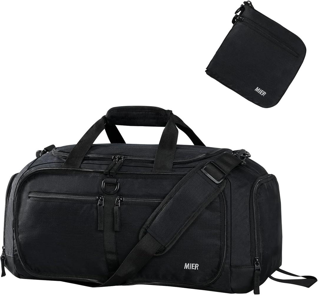 MIER Foldable Duffle Bag with Shoe Compartment 50L Travel Duffel Bags for Men Women Packable Overnight Bag for Camping Gym Weekender, Black MIER Foldable Duffle Bag with Shoe Compartment 50L Travel Duffel Bags for Men Women Packable Overnight Bag for Camping Gym Weekender, Black